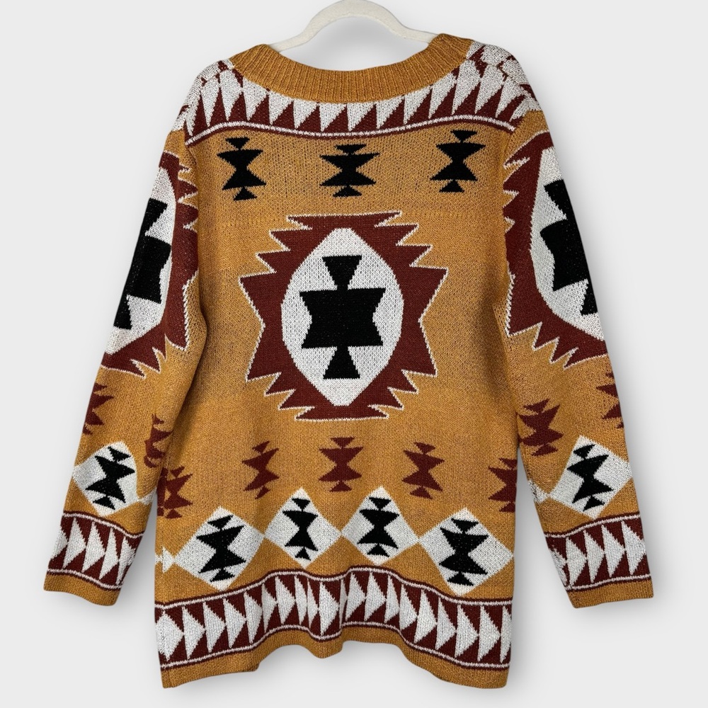 Aztec Southwest Geometric Long Knitted Cardigan Sweater Coat XL Boutique Mustard - Picture 3 of 8